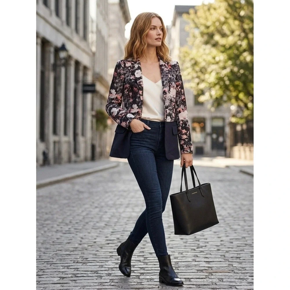 Club Monaco Floral Jacquard Mixed Media Navy Wool Blend Blazer 10 00701712